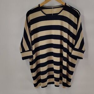 Tickled Teal Top Navy And Tan Stripe Boxy Oversized Relaxed Fit Size Small